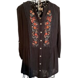 Vintage America Black Embroidered Floral Button Front Tunic Top Women's Size M